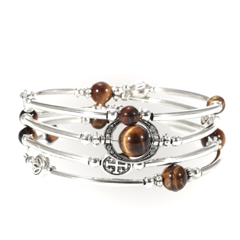 NWT - Tigers Eye Natural Stone Multi Layer Bangle Bracelet